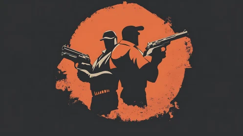 Back-to-back gunners silhouette on distressed orange circle.