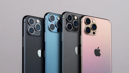 Multiple iPhone 13 Pro models display triple camera arrays with distinct color finishes