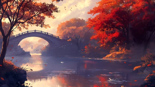 Bridge of burning leaves over a river of autumn hush.