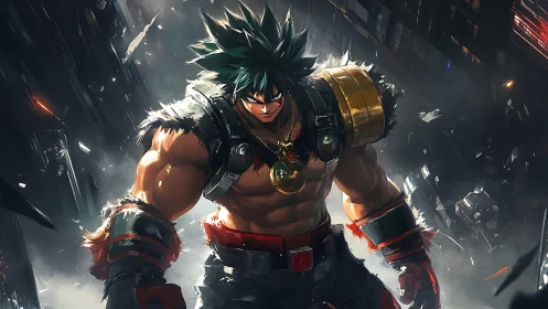 Battle-hardened cyber warrior amidst falling city ruins.