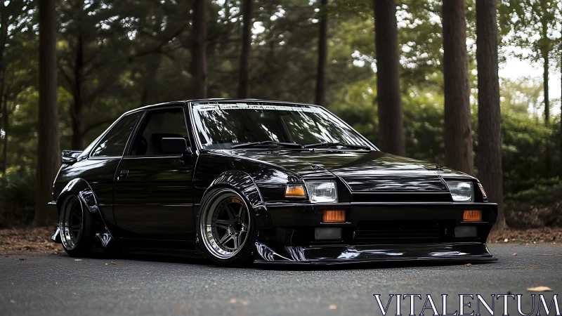 Stanced black classic coupe with widebody kit in forest setting.
