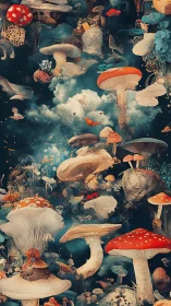 Surreal forest of towering mushrooms in dreamlike nightscape.