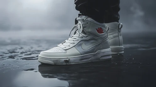 High-top white sneakers stand bold on a rainy street.