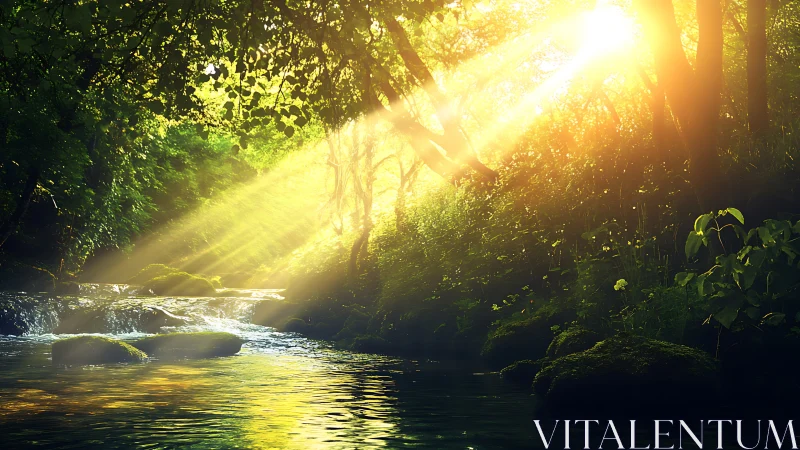 Sunlit forest creek with golden mist and lush foliage.