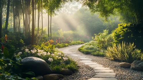Sunlit garden path winding through lush morning greenery.
