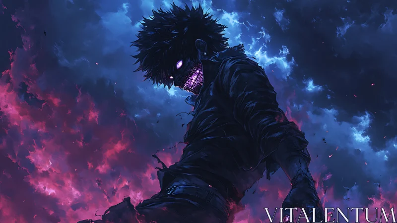 Dark humanoid figure with glowing mouth amid colored clouds.