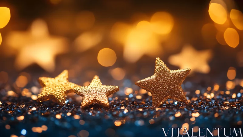 Glittering star ornaments are arranged on reflective surface