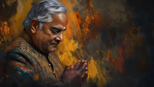 Elderly Indian man in prayer pose, ornate kurta, abstract bokeh backdrop