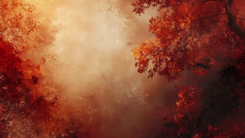 Autumn's Inferno: Whispered Flames Dancing Through Misty Canopy.