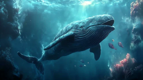 Gentle blue whale gliding through a sunlit coral sea.