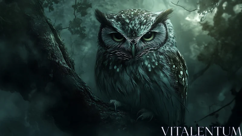 Nocturnal owl portrait over shadowed forest branch.