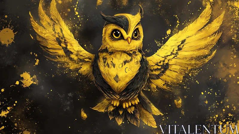 Golden owl bursts from dark ink-splattered night sky.