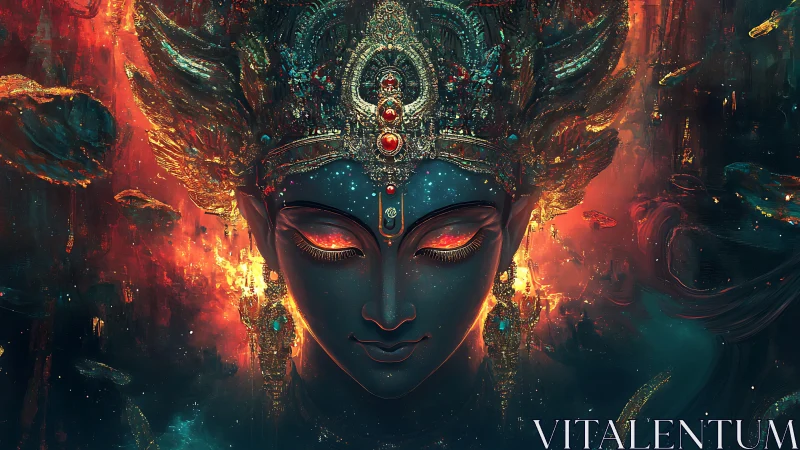 Cosmic goddess portrait in luminous digital painting symmetry.