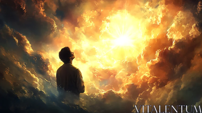 Solitary figure observing intense sunlight within clouds.