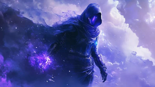 Hooded voidwalker channels violet energy within nebular storm