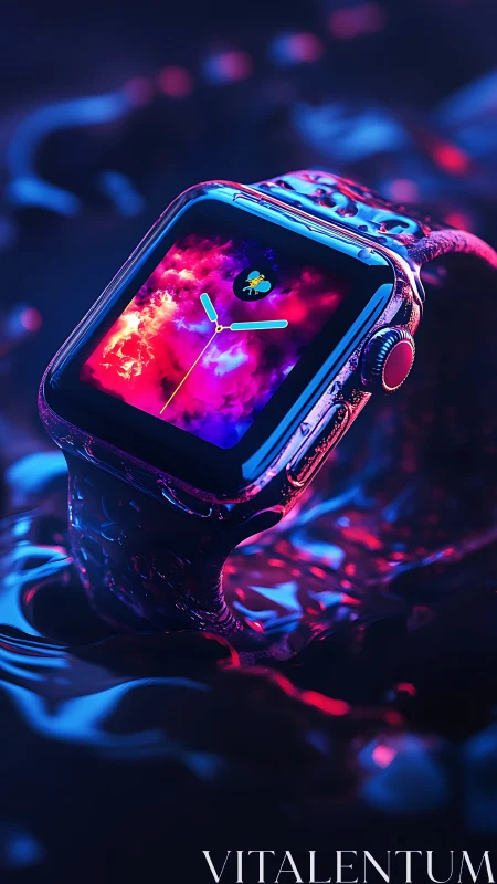 Neon smartwatch glows over liquid chrome surface. Period.