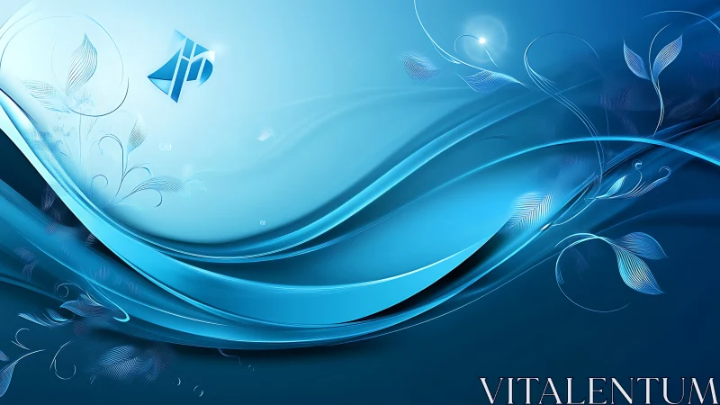 Abstract blue wave background with subtle floral lines.