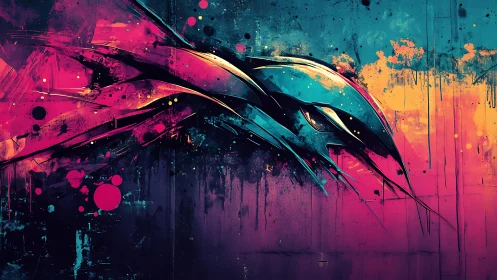 Neon avian form slices through cyan and magenta sprayfield