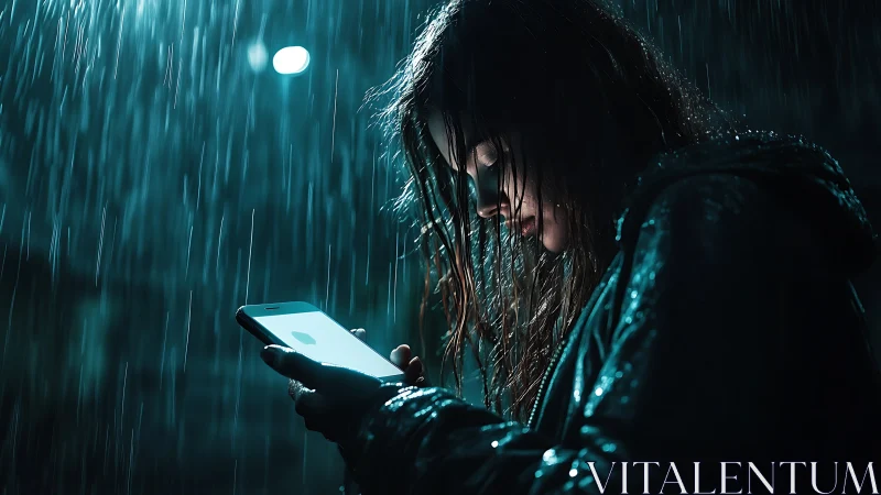 Moody urban night portrait under rain with phone glow.