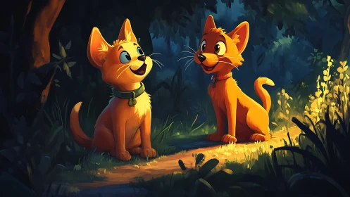 Two Curious Cats Meeting in an Enchanted Forest.