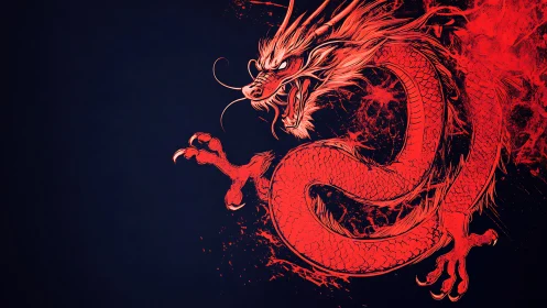 Digital painting of coiled red dragon on dark field, splatter edge.