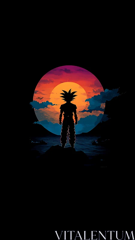 Silhouetted spiky haired warrior against neon gradient sunset