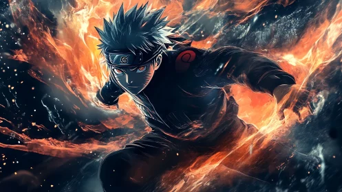 Fiery ninja charge amid swirling embers and dark void.