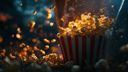 Cinematic popcorn splash in dynamic shallow-depth lighting design.
