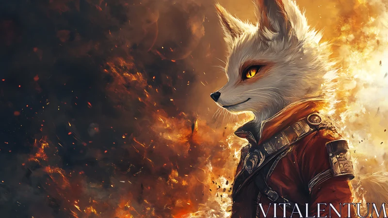 Armored fox warrior standing in fiery, ember filled blaze.