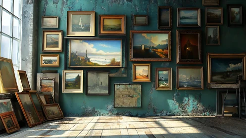 Wall of framed landscape paintings fills worn studio