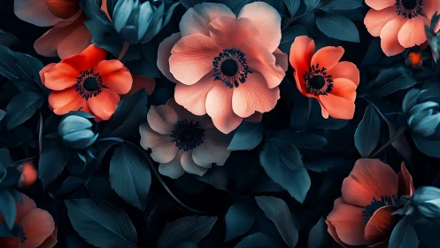 Luminous Coral Anemones With Dark Teal Foliage Rendered in 3D.