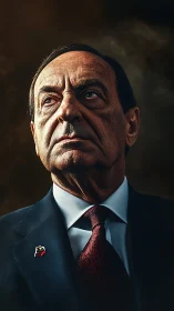 Stoic older leader gazes upward against dramatic shadows