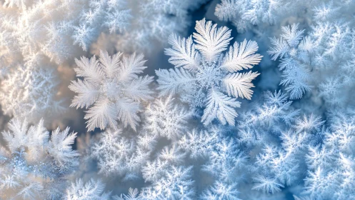 Macro view shows detailed crystalline snowflakes on frosted surface