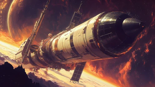 Starfaring colossus gliding through ember-lit cosmic storms.