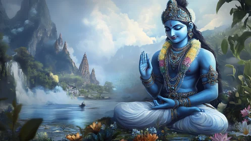 Blue deity meditates beside misted river and mountain temples.