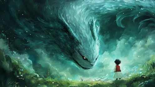 Child confronts massive glowing spirit beast in misty forest