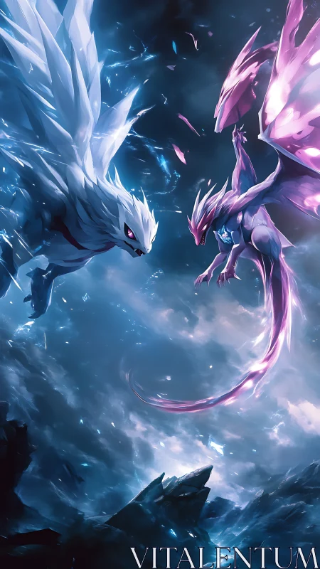 Celestial crystal dragons clash in a stormlit sky duel.