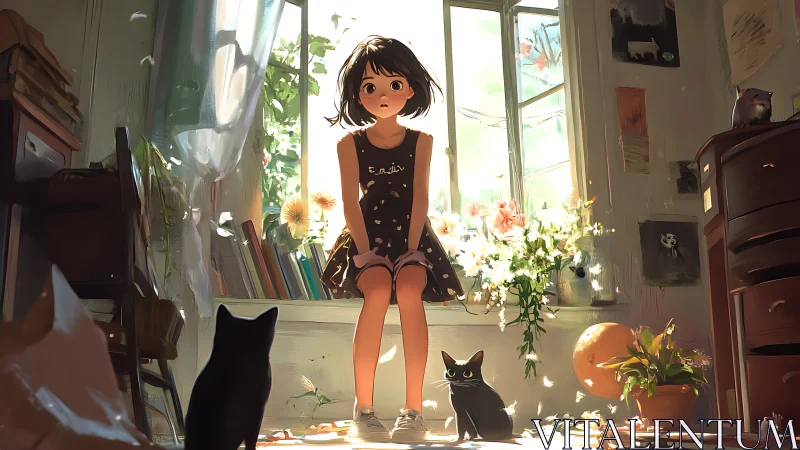 Sunlit girl and curious cats share a gentle afternoon moment