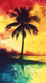 Silhouetted palm tree against textured sunset sky.