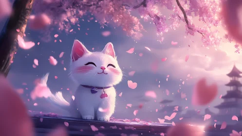 Smiling white kitten beneath luminous cherry blossoms at dusk