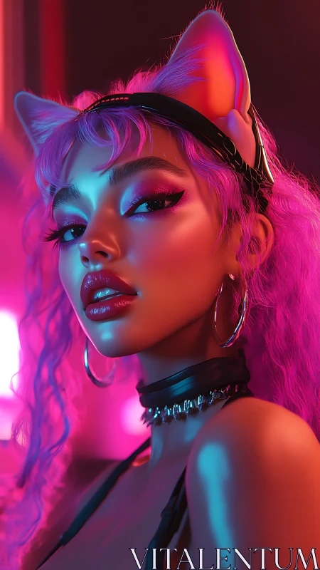 Neon cat-eared beauty glowing in soft cyberpunk light.