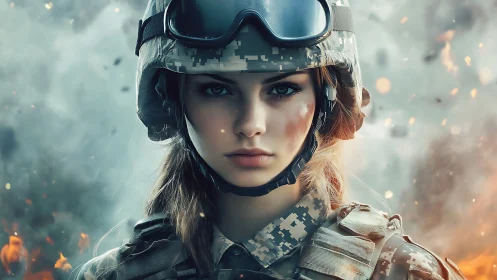 Female soldier portrait in digital camo amid explosions.