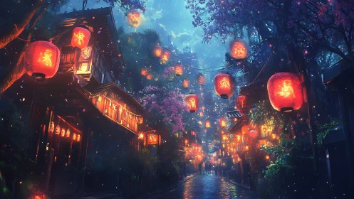 Lantern-lit urban alley with traditional buildings at dusk.