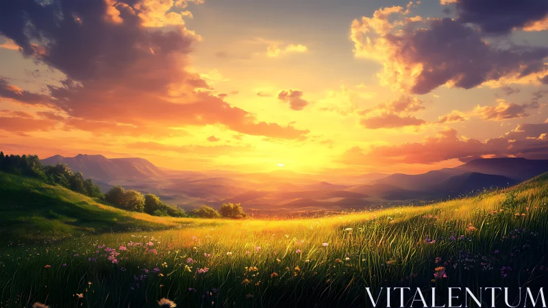 Sunset light bathes wildflower meadow over rolling hills