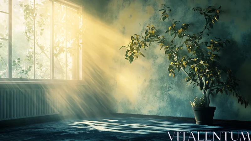 Sun-drunk potted tree bathing in cathedral-bright windowlight.