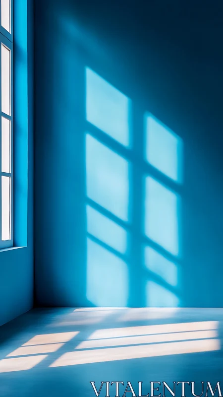 Soft window light casting geometric shadows across blue walls.