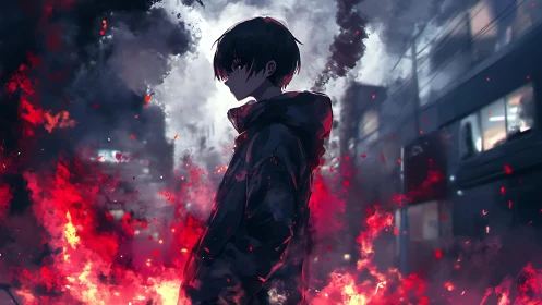 Hooded youth in profile stands amid dynamic red fire and smoke