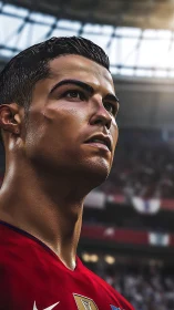 Digital stadium portrait of focused football player in red kit.