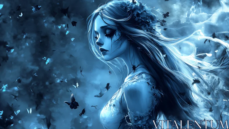 Side profile of blue-toned woman amid drifting butterflies.