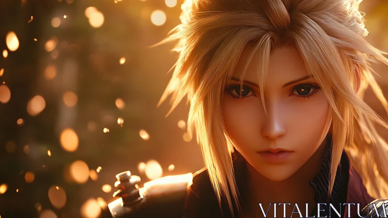 Blond anime character portrait in warm bokeh light.